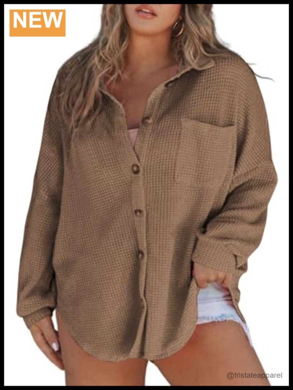 Plus Size Boyfriend Shacket Long Sleeve Button Down Waffle Knit Shirt